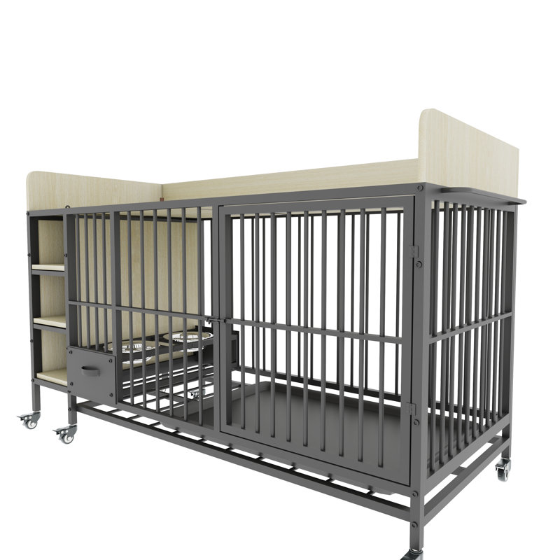 Grande cage pour animaux avec support de rangement, tiroirs, bols en acier inoxydable pour nourriture / eau - cadre en fer et matériau en bois aggloméré, noir / beige