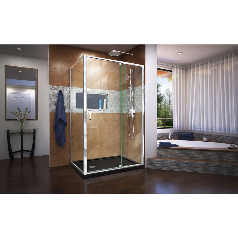 Cabine de douche Flex pivotante rectangulaire 48 "x 74,75" avec base incluse, Chrome / Noir, Gauche