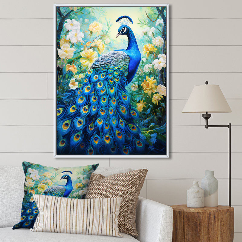 Yunick Teal Peacock Symbolist - Print, 20" H x 12" W, White Floater Framed