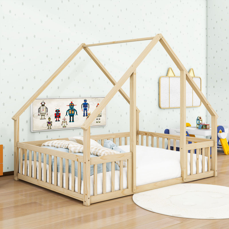 Lit en bois avec garde-corps en forme de maison, Naturel, Complète