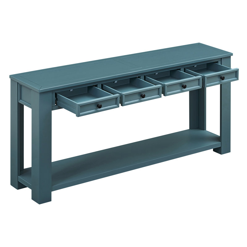 Console élégante en bois massif, fini bleu foncé, idéale pour une entrée. Elle offre des options de rangement.