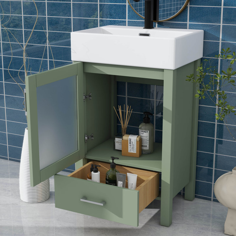 Meuble-lavabo de 20 po avec lavabo en céramique et beaucoup de rangement, Vert