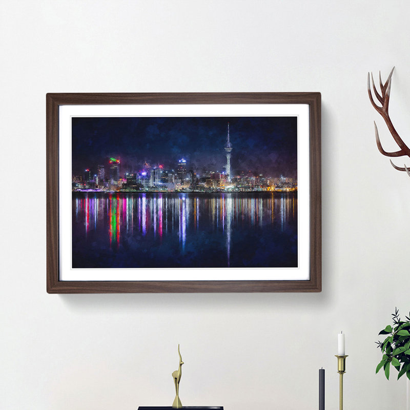 Reflections of the Auckland Skyline - Picture Frame Painting Print, Walnut Framed, 62cm H x 87cm W x 2cm D