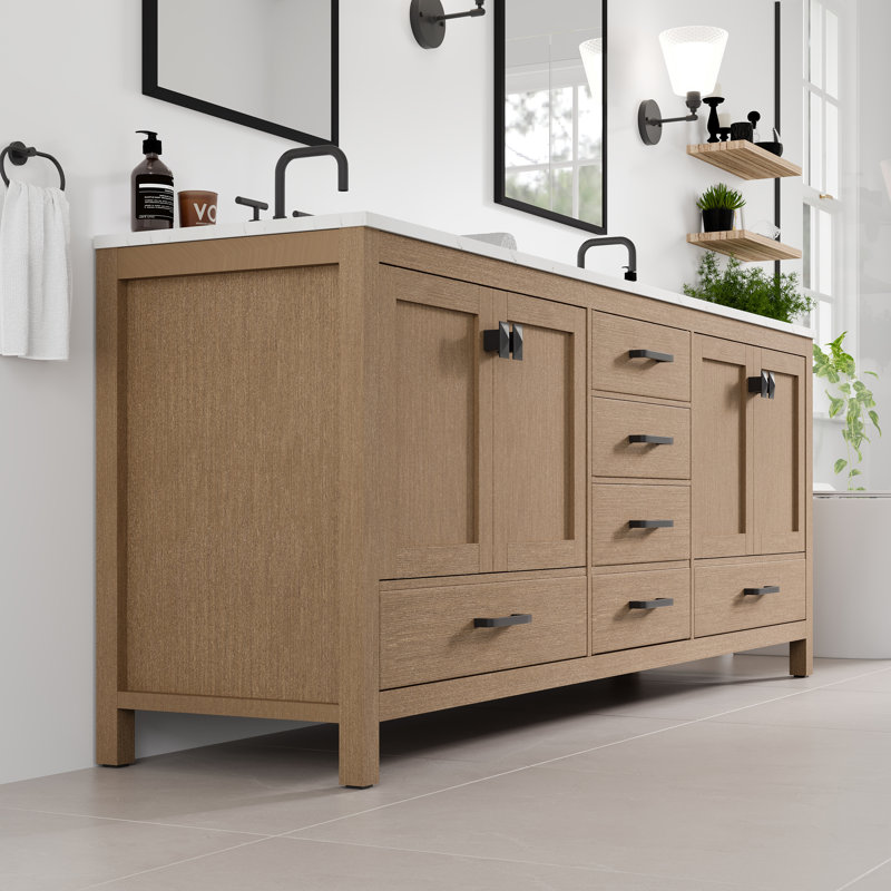 Meuble-lavabo double Aberdeen de 84 po en chêne avec comptoir en quartz de Carrare et lavabos encastrés en porcelaine, Oak