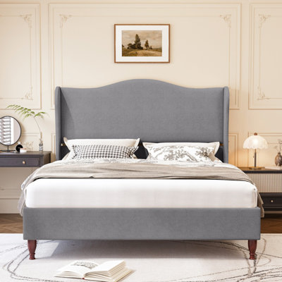 Full Size Upholstered Wingback Platform Bed with Tall Headboard-Light Gray