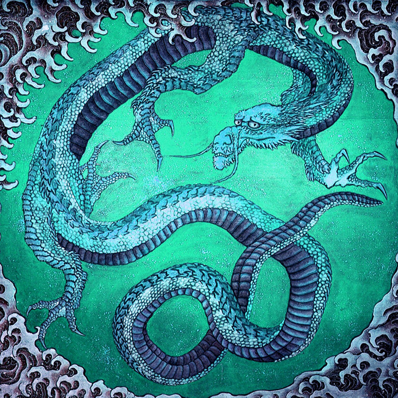 Décalcomanie murale amovible dragon japonaise, Bleu / Vert