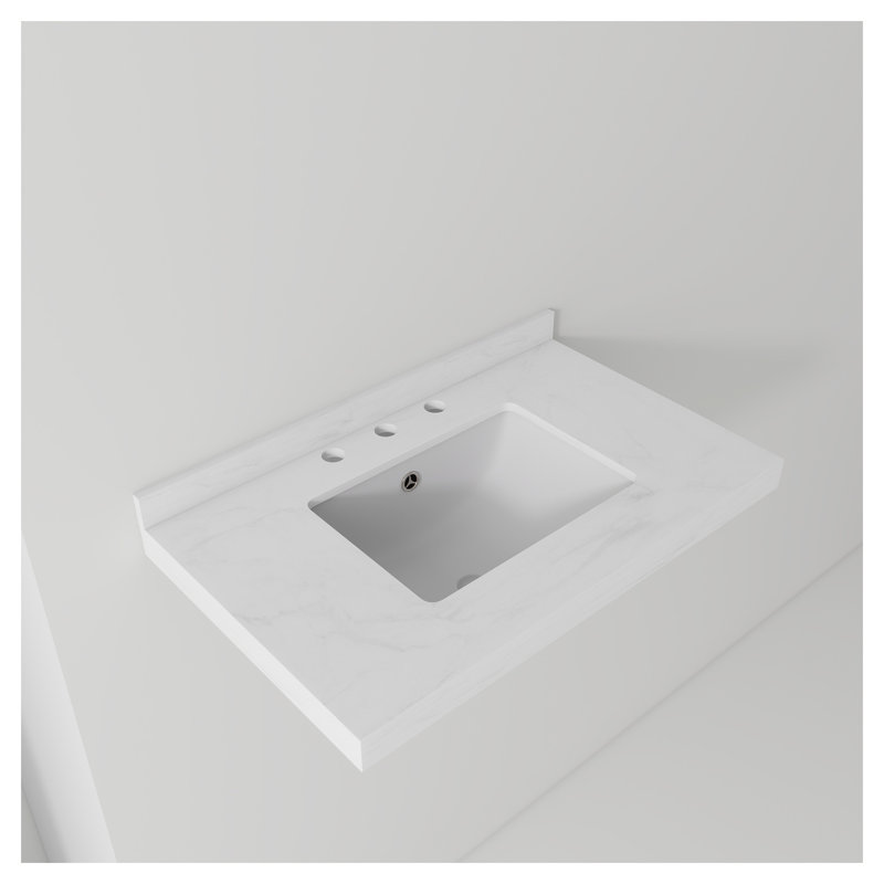 Lavabo de salle de bain 30 "en marbre de culture blanc Carrara avec triple trou de robinet et trop-plein