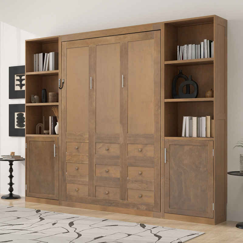 Grand lit escamotable en bois avec tablettes et armoires de rangement, lit pliant mural avec rangement latéral pour petits espaces