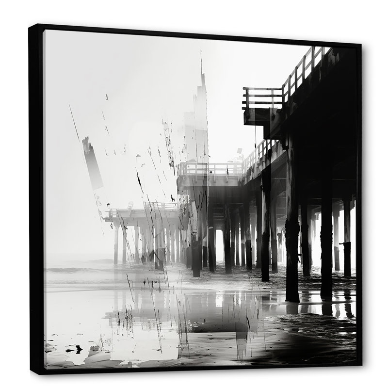Minimalisme noir et blanc, paysage de jetée - nautique et plage, art mural sur toile, Cadre flottant noir
