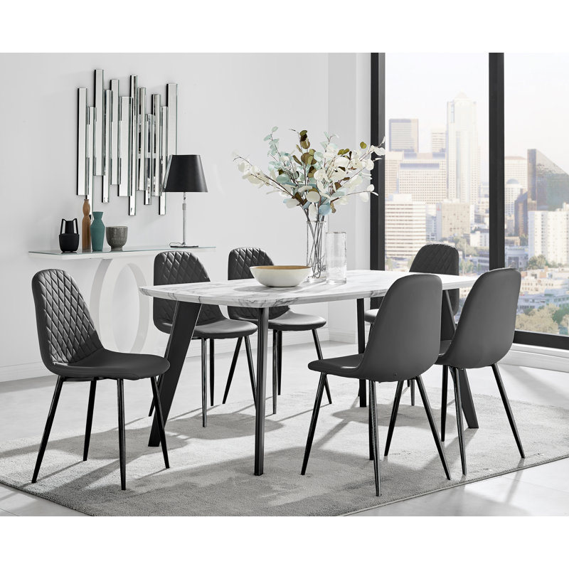 Anders Modern High Gloss Marble Effect Dining Table Set with 6 Luxury Faux Leather Dining Chairs, Black/Black, Black