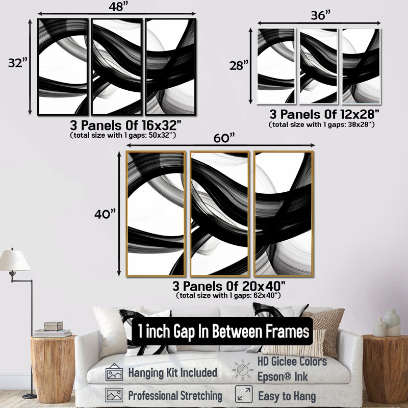Vagues abstraites blanc noir tourbillons - ensemble d'art mural paysage urbain, Cadre flottant noir