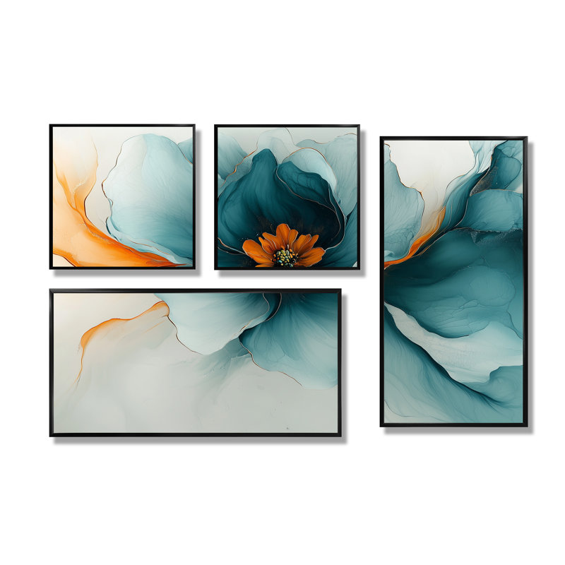 Abstrait Ranunculus Aqua Glow II - décoration murale en toile florale 4 pièces, Noir, Impression encadrée sans passe-partout