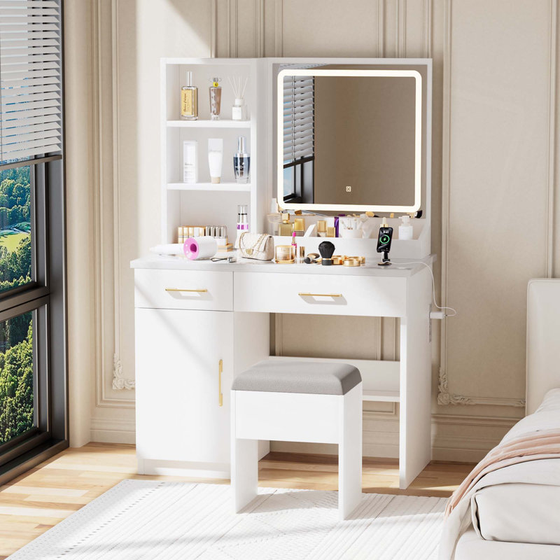 Bureau de maquillage avec miroir et lumières, coiffeuse blanche avec prise de courant et 3 modes d'éclairage, ensemble de coiffeuse avec tiroirs d'armoire et tabouret de rangement pour la chambre