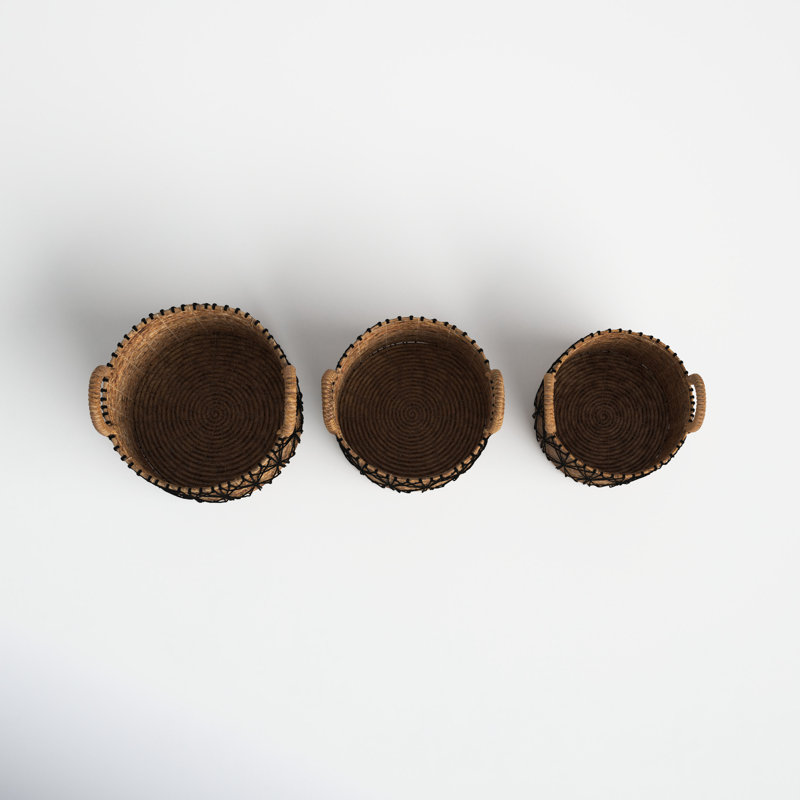 Handmade Brown and Black Banana Leaf Storage Baskets with Handles, Set of 3