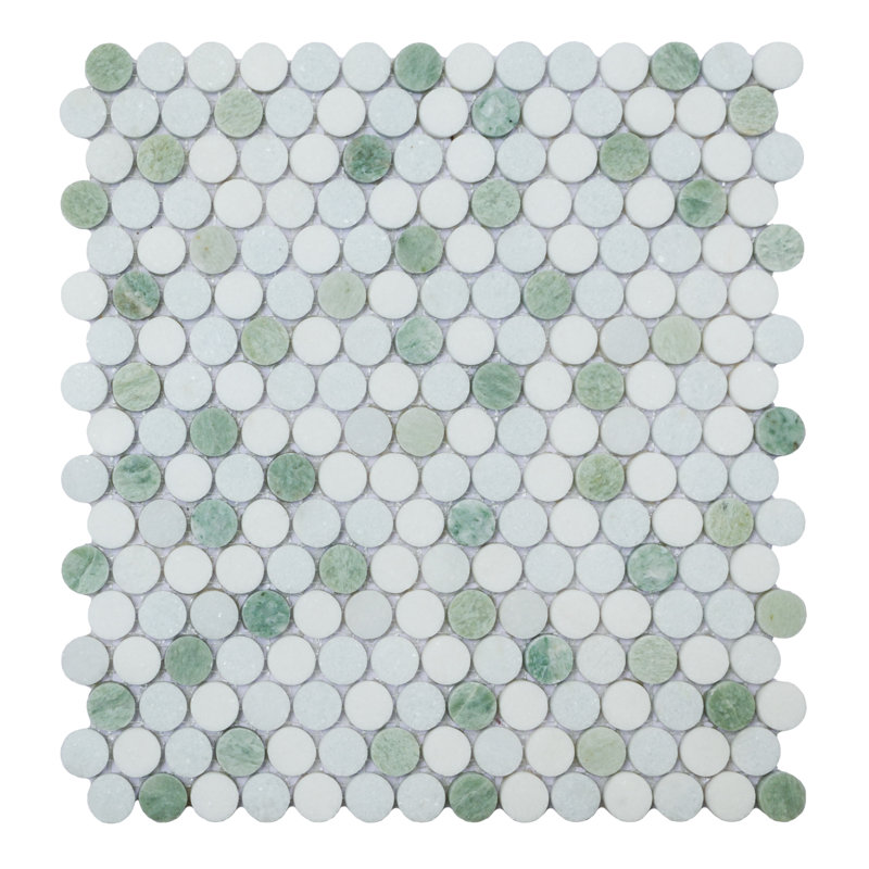 Mosaïque de marbre poli rond ES Stone Blue Celeste, Thassos White et Ming Green, 3/4 po