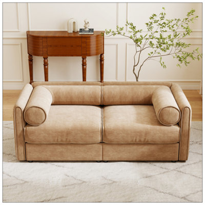 Élégant canapé en chenille 2 places Camel avec siège de rangement, dossier cylindrique et accoudoirs, causeuse moderne en tissu avec espace de rangement caché