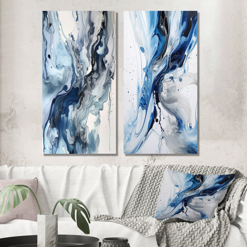 «Blue and Grey Ethereal Elixir II», ensemble d'art mural abstrait de 2 pièces, Toile tendue, H 24 po x l 20 po