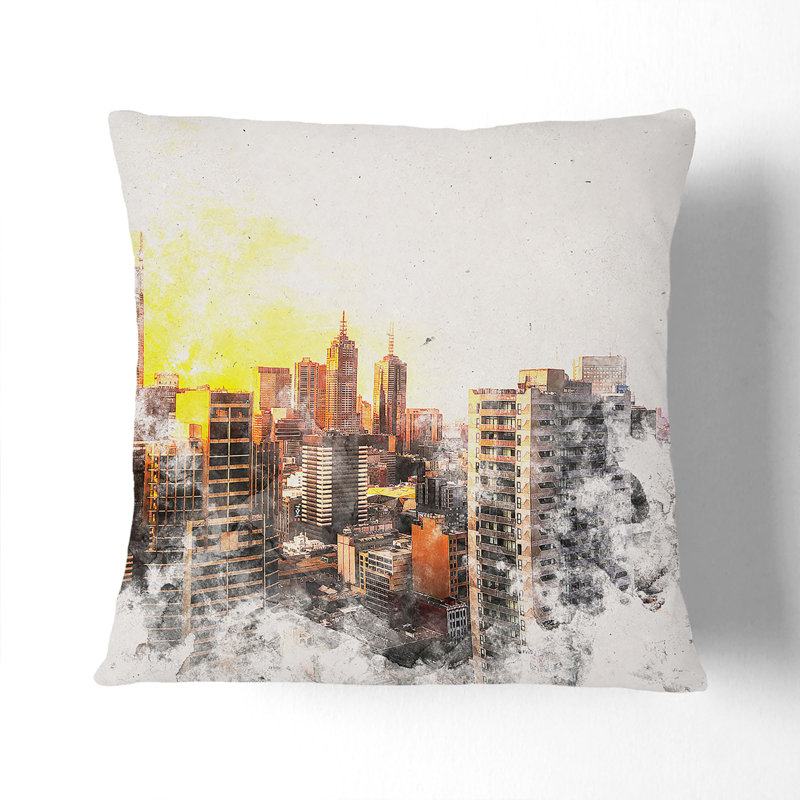 Melbourne Australia Skyline Watercolour Cushion with Filling, 55cm H x 55cm W x 20cm D, Black