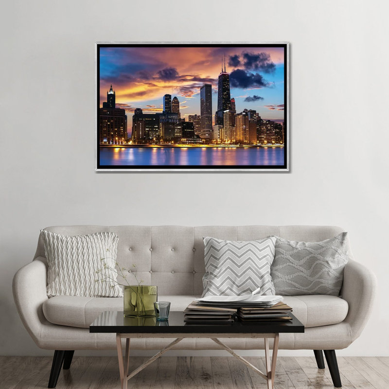 Chicago Skyline by Paul Rommer iCanvas, 32" H x 48" W x 1.5" D, Silver Floater Frame Canvas