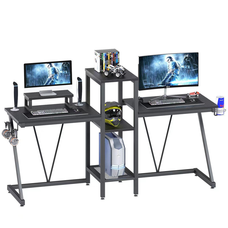 2-Person Gaming Table, Dual Computer Table With Monitor Stand And 2-Tier CPU Holder, 2 Headphone Hooks, Cup Holder