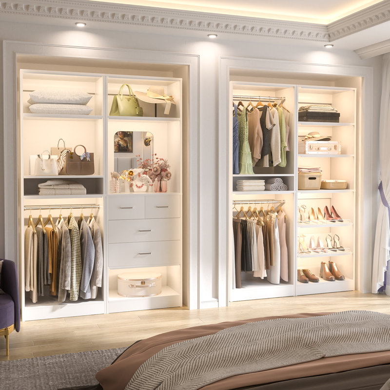 Freestanding Closet System with Drawers, Mirror and Hanging Rods, White