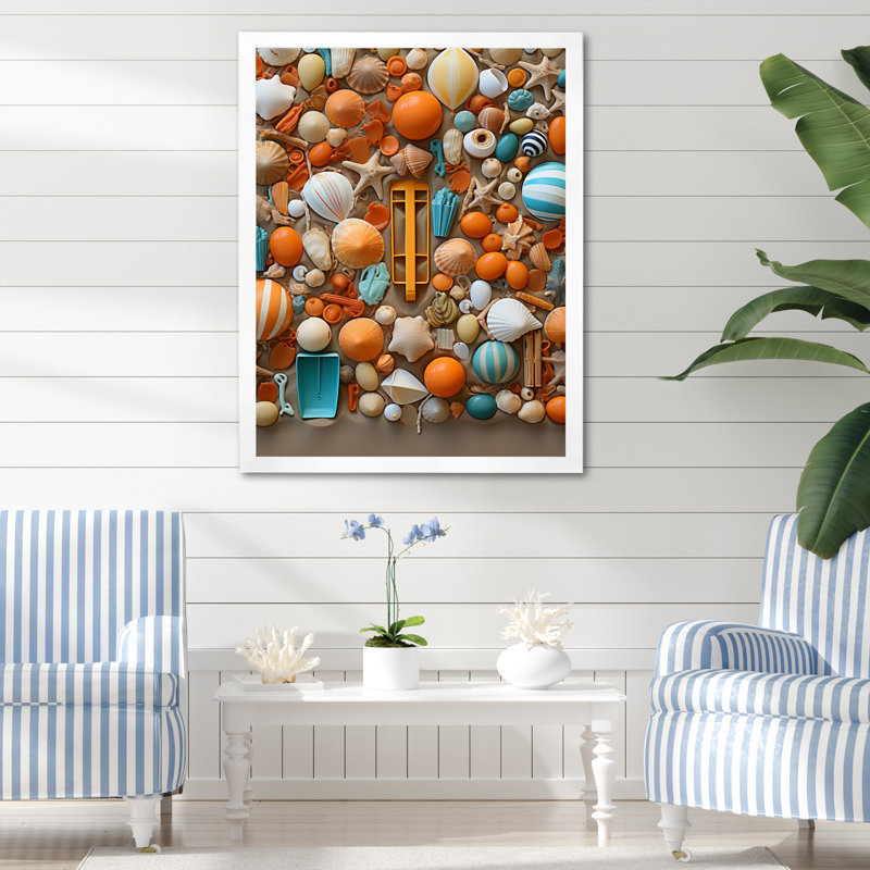 Jouets de plage, collage III - impressions abstraites d'art mural, H 32 po x l 16 po x P 1 po, Cadre photo blanc