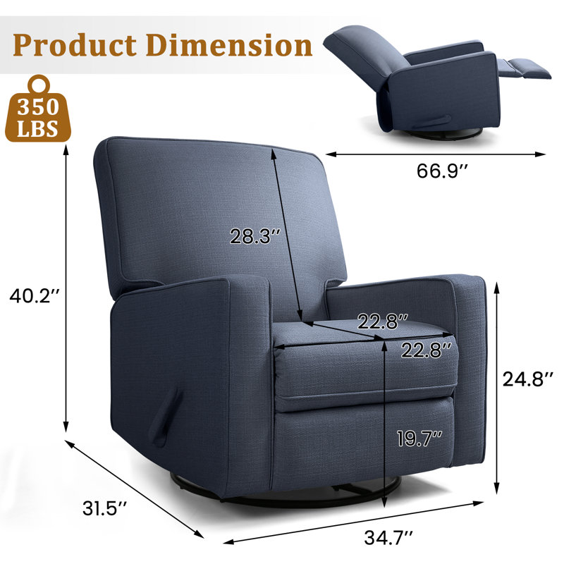 Saidee Upholstered Manual Swivel Rocker Recliner Chair, Blue Linen