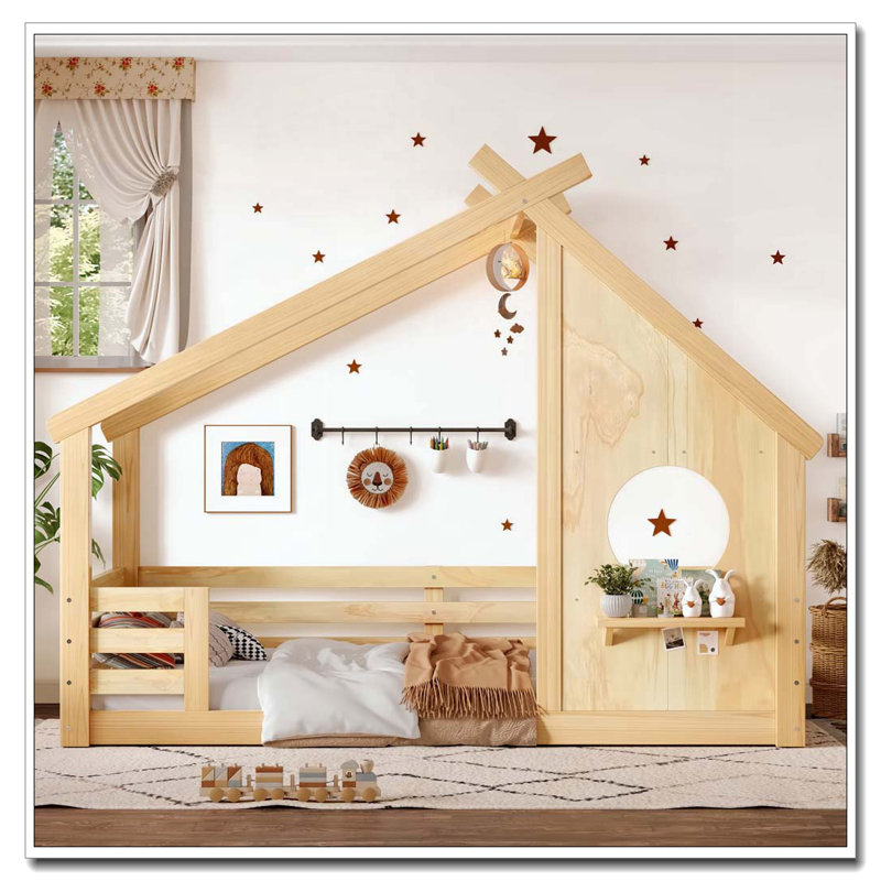 House Floor Bed with Window and a Small Shelf, Natural, Lit simple