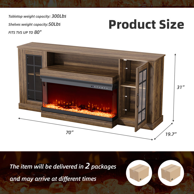 70" TV Stand for TVs up to 80" with Fireplace Included