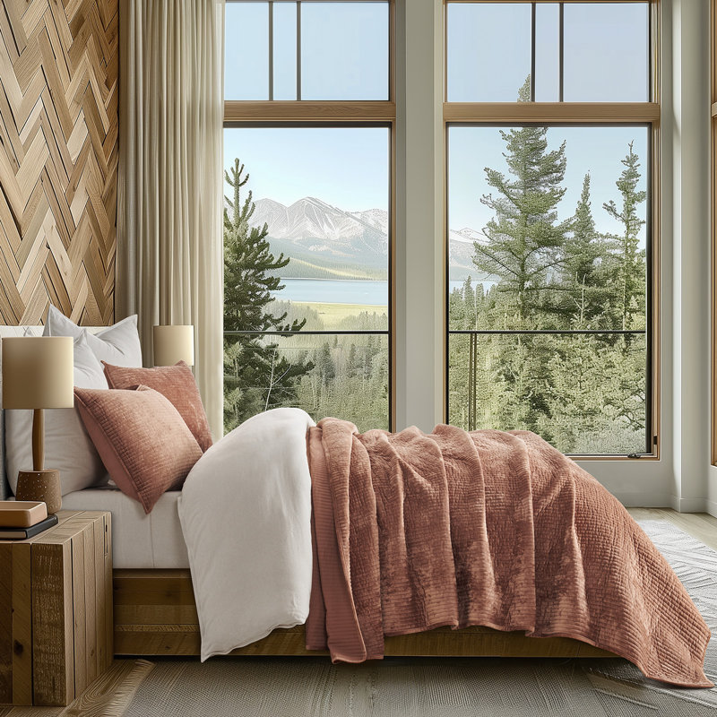 Striped Channel Velvet Quilt Set, Queen, Terracotta Clay