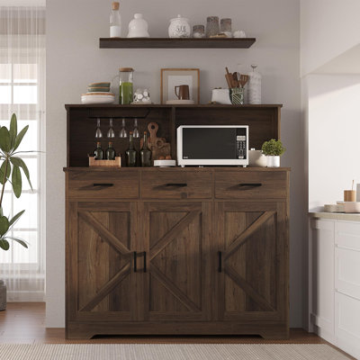 Armoire de rangement à micro-ondes avec trois tiroirs, support à micro-ondes à portes multiples, armoire de rangement avec tiroirs et portes, meubles de cuisine double face, brun