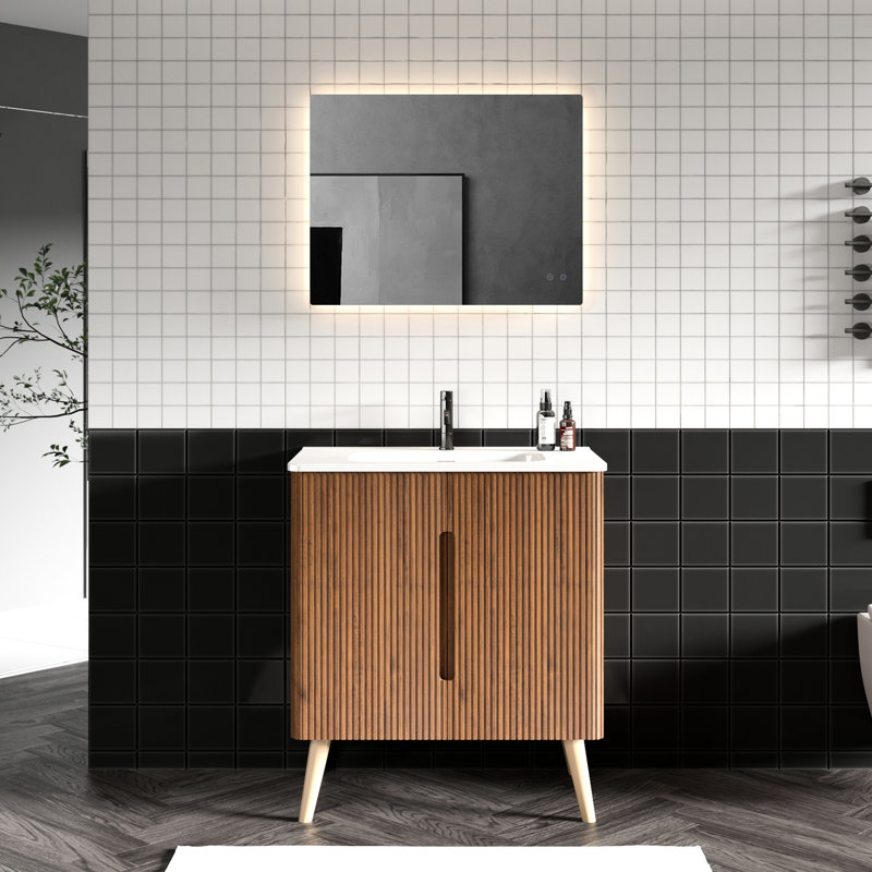 Meuble-lavabo moderne 30 po - Noyer rayé, bords arrondis, grand rangement, charnières à fermeture en douceur, lavabo inclus, armoire autoportante et murale en noyer moderne, porte, capacité de rangement, avec
