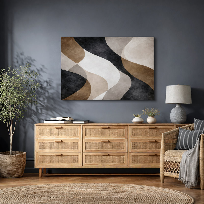 Abstrait neutre, beige beige, composition de vagues, art contemporain, impression sur toile encadrée, Toile tendue