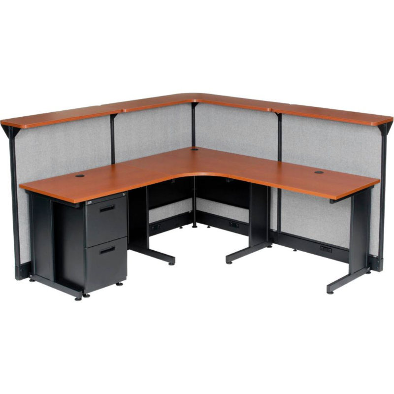 L-Shaped Synthetic Laminate Reception Desk with Power Outlet, Grey