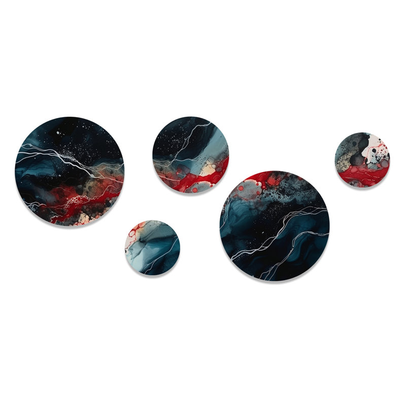 Ensemble de 5 décorations murales encre liquide bleue et rouge captivante I