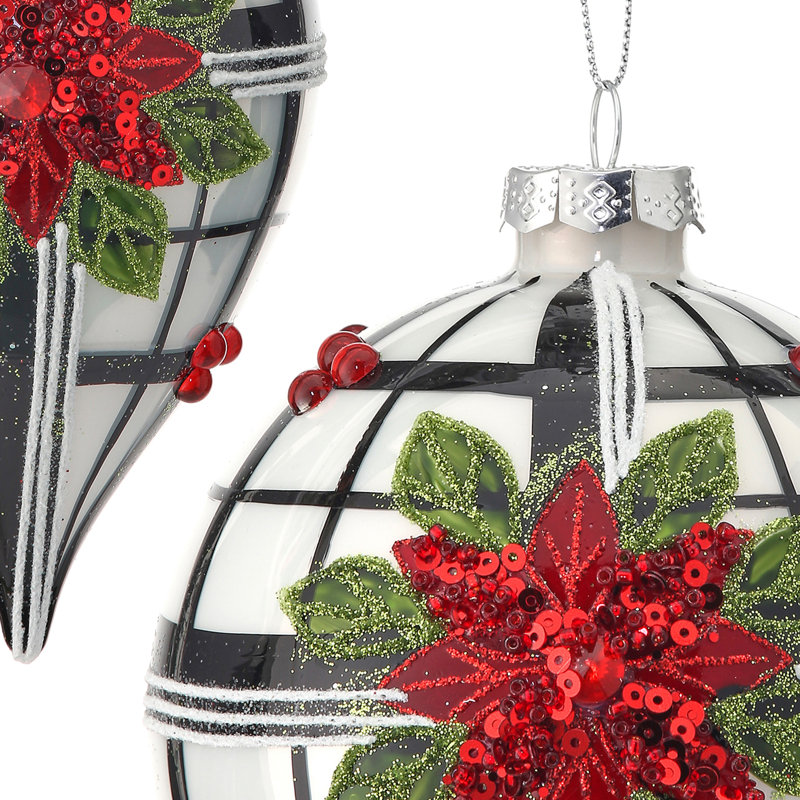 4-6" Glass Poinsettia Plaid Ball Finial Ornament