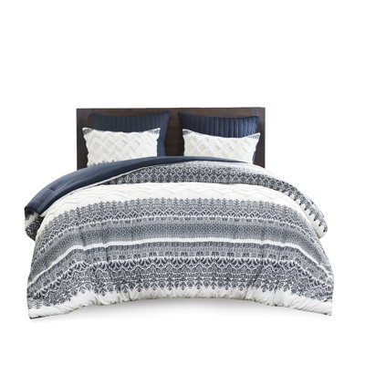 Full/Queen Cotton Comforter . Navy Print Chenille. Filling. 2 Matching Shams. Machine Washable Splendid Bedding Ink+Ivy 3 Piece Cotton. With Tuft. And Charming