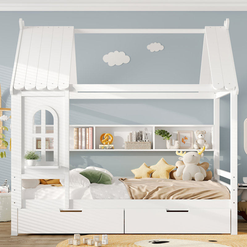Structure de lit plateforme en bois massif avec tablettes, Blanc clair, Double