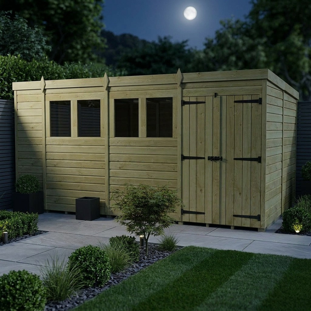 Total Sheds 14ft x 10ft Pent Garden Shed - Double Door - With Windows - Pressure Treated Timber - UK Manufactured