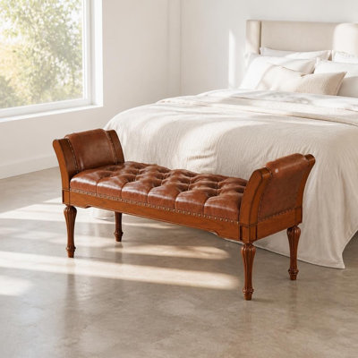 Button Tufted Upholstered PU Leather Ottoman Bench, Retro End-of-Bed Bench with Plush Cushion, Decorative Nailhead Trim, Elegant Carved Legs and Sturdy Support Frame, Multi-Purpose Entryway Shoe Bench