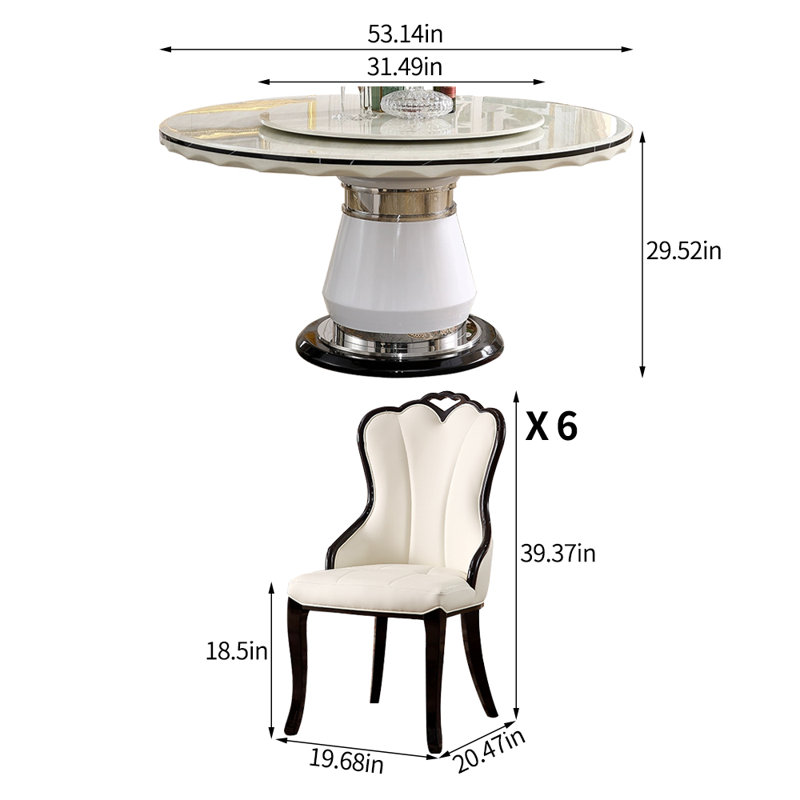 Simple White Faux Marble Round Dining Table Set, 7