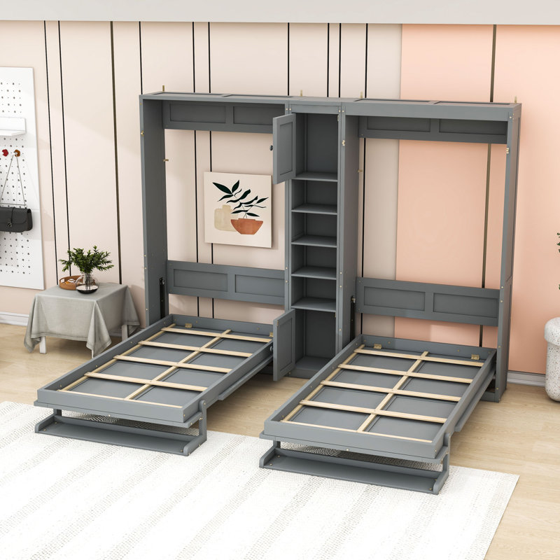 Dual Twin Murphy Beds Unit with Convertible Shelf, Gray