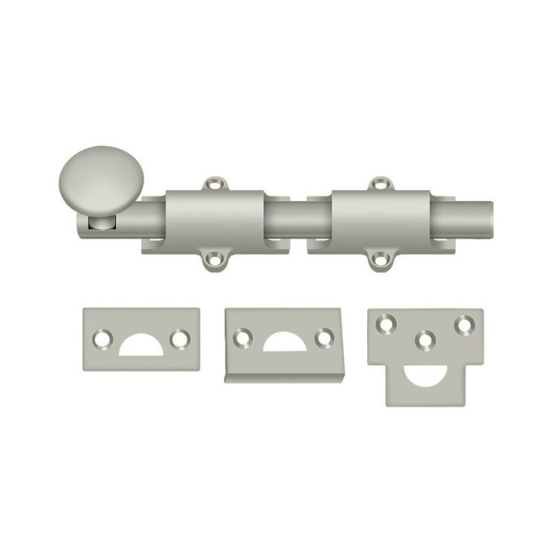 Boulon de surface 6 po Deltana 6SB15; robuste; finition nickel satiné, Nickel brossé, H 1,25 po x l 6 po x P 1 po
