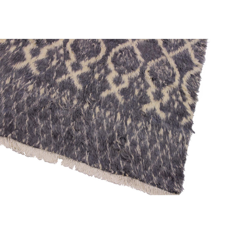 Tapis gris / ivoire en laine noué à la main à motif géométrique 5 pi x 7 pi 1 po Madelys