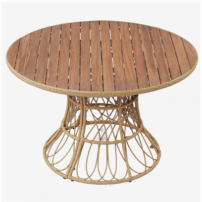 Durable Outdoor Dining Table - Round Acacia Wood Top & Wicker Base, Teak Finish Patio Table for 4 - 6, Garden Outdoor Furniture (Compatible with Matching Chairs)