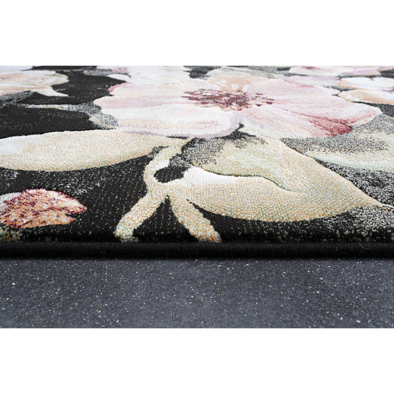 Tapis en polypropylène de couleur noire avec motif de fleurs, tissé à la machine, gris neutre et beige à poils longs, profondeur 90, largeur 63, hauteur 0,5, poids 25 lb, tapis en jute, transitionnel