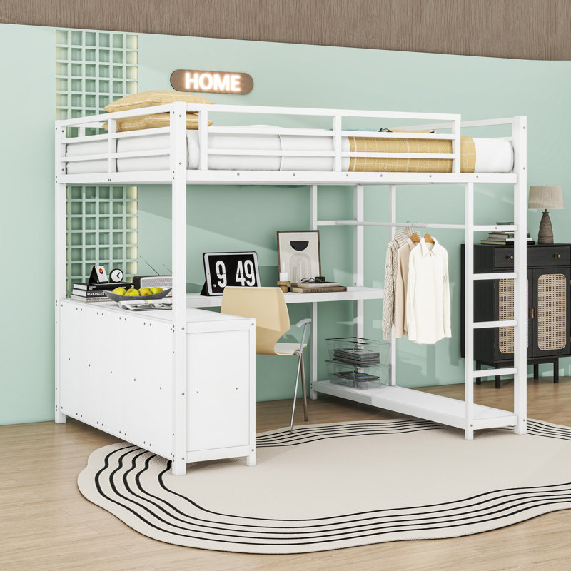 Lit mezzanine moderne en métal avec bureau intégré et tablettes, Grand lit, Blanc