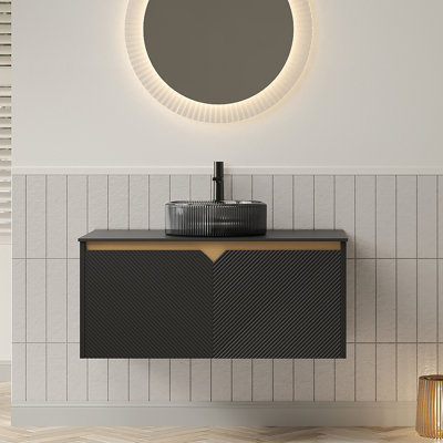 Meuble-lavabo de salle de bain 36 po RUBEN, armoire de rangement flottante murale en contreplaqué, portes doubles en sergé avec garniture en métal, lavabo rond en verre noir transparent et plateau en pierre frittée noire, noir