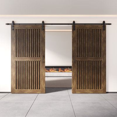 Homacer Dark Walnut Double 42in x 80in Unassembled & Finished Vertical Stripe Design Barn Doors with Non-Bypass Installation Hardware Kit, 15ft track, interior use only