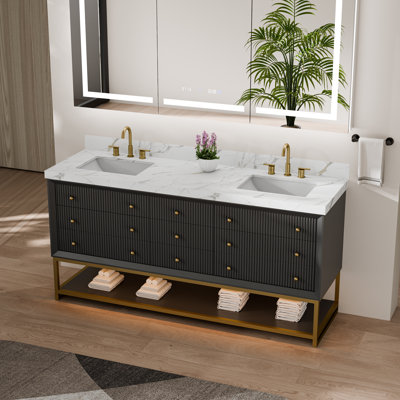 72" Luxury Double Bathroom Vanity With Engineered Stone Top, Dual Undermount Sinks, LED Shelf & 9 Soft-Close Drawers - Black Or White Cabinet With Hal